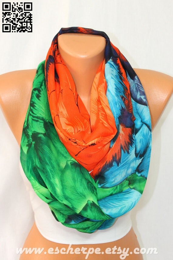 Feathers Wings Emerald Blue Orange Scarf Lightweight Silky