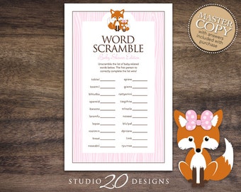 Instant Download Pink Fox Baby Shower Word Scramble Game, Printable Fox Word Scramble, Pink Brown Fox Theme Girl Baby Shower Game 65B