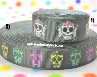 3 yards Sugar Skulls - Dia De Los Muertos - 7/8 or 1 inch - Printed Grosgrain Ribbon CHOOSE DESIGN