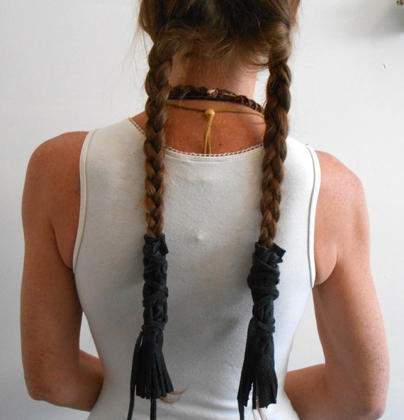 Black Leather Braid Wraps with Fringe Handmade Powwow