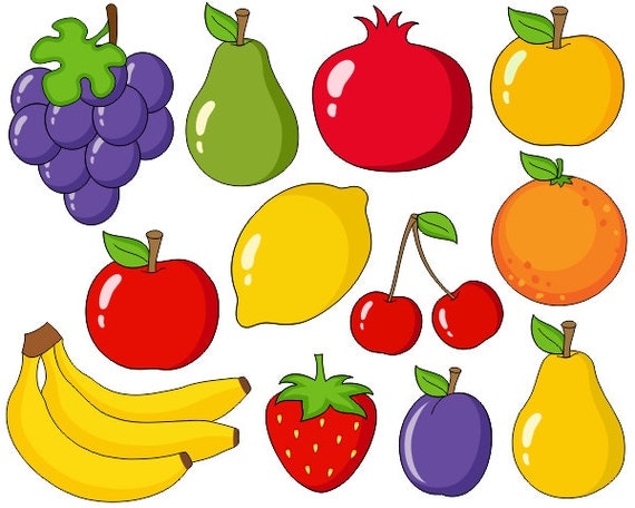 Cute Fruits Digital Clip Art Grapes Apple Bananas Pear