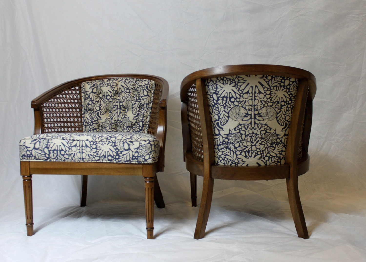 SOLD-Vintage Cane Barrel Chairs in navy and White