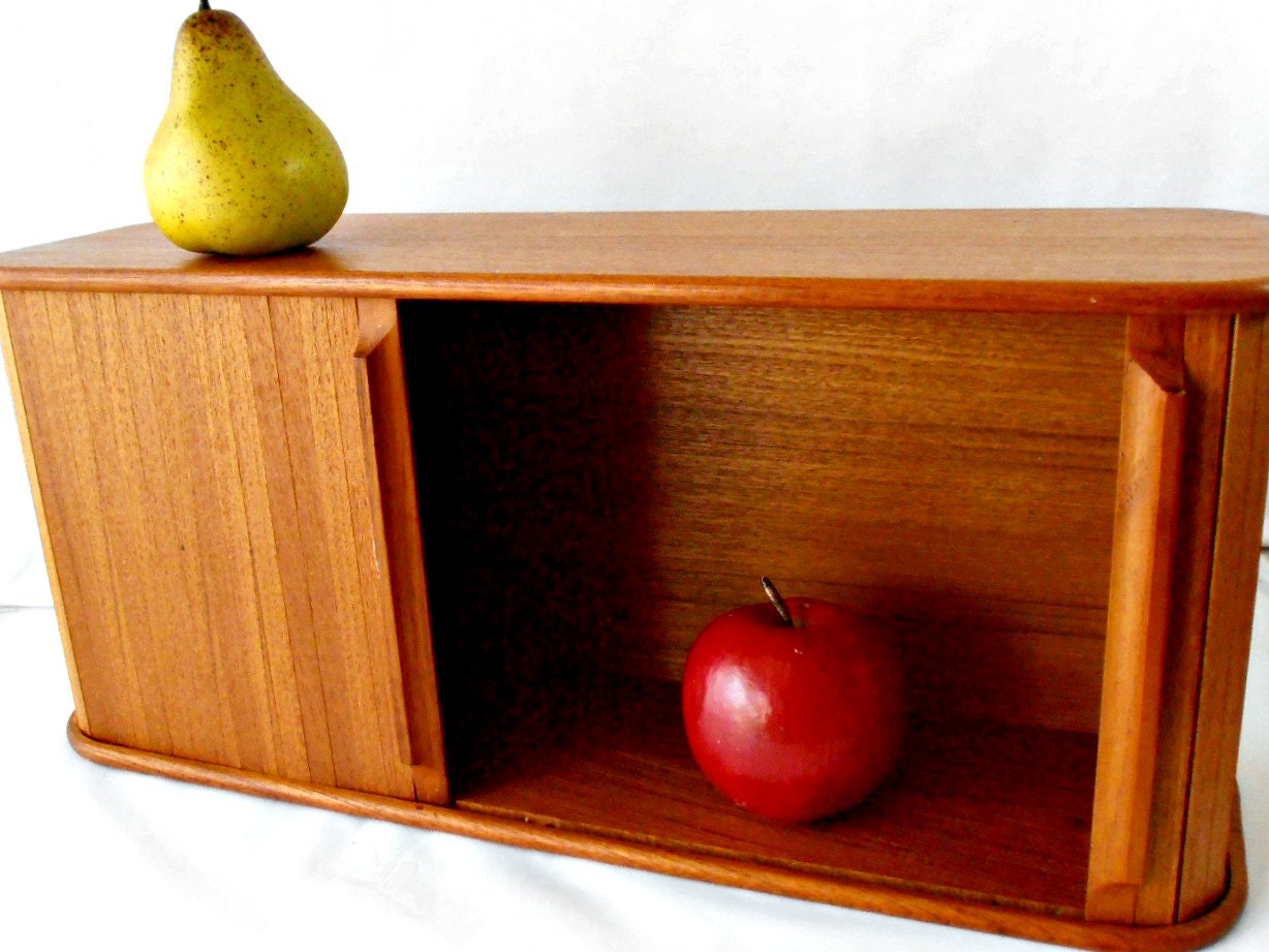 Mid Century Teak Tambour Wall Roll Top Desk Box