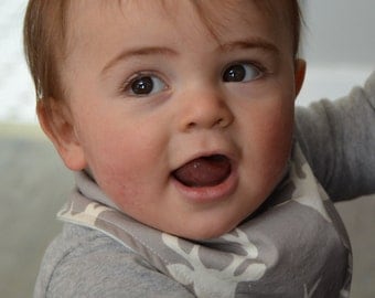 Deer Bandana Bib, Buck Forest Mist, Hello, Bear Fabric - Grey and White Baby Bandana Bib