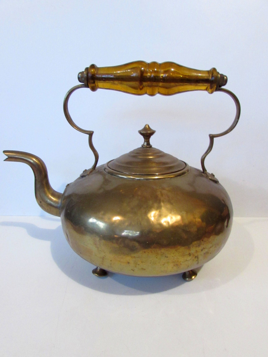 Antique/Vintage Brass Kettle With Light Amber Glass Handle