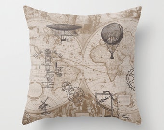 Steampunk Pillow - Throw Pillow maps and hot air balloons, steampunk decor, Vintage Maps, unique, brown