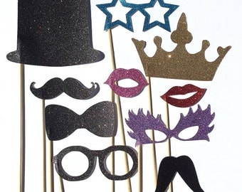 Photo Booth Props - Glitter Moustaches, glasses, lips, top hat, bow tie, crown. Perfect for weddings & parties