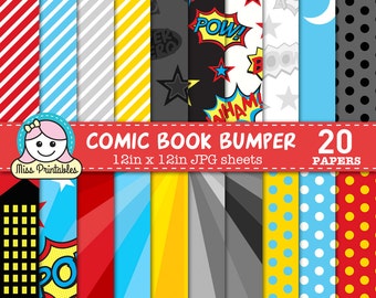 COMIC BOOK Superhero digital paper pack printable, pattern designs for DIY craft & scrapbooking - instant download. 12" x 12" Comic book