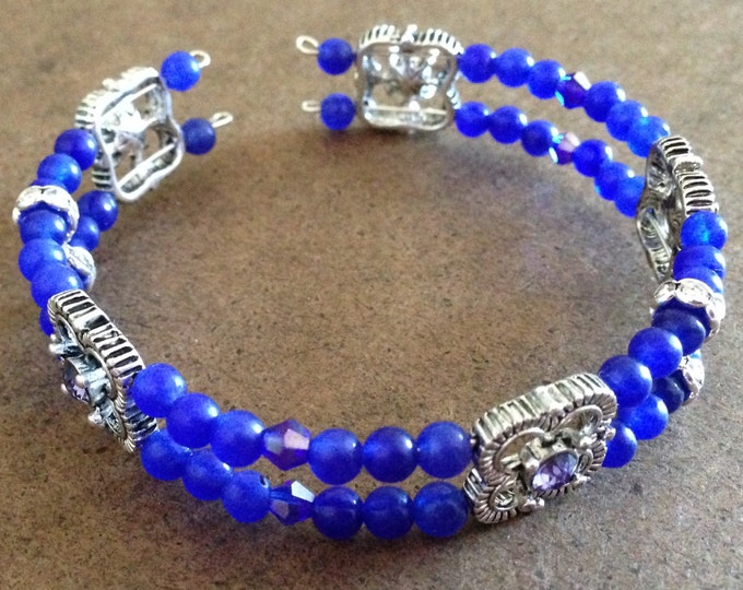 blue agate and glass crystal memory wire cuff bracelet