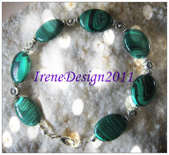 Handmade Silver Bracelet with Malachite & Flowers by IreneDesign2011