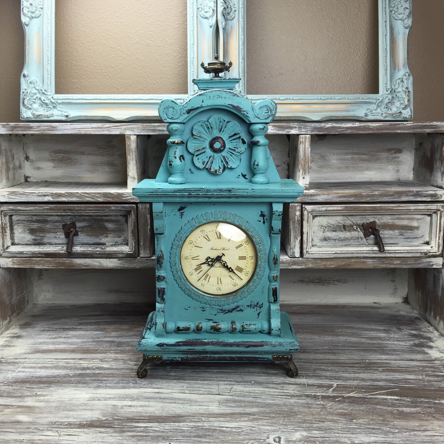 MANTLE CLOCK Turquoise Clock Wood Mantle Clock Beach