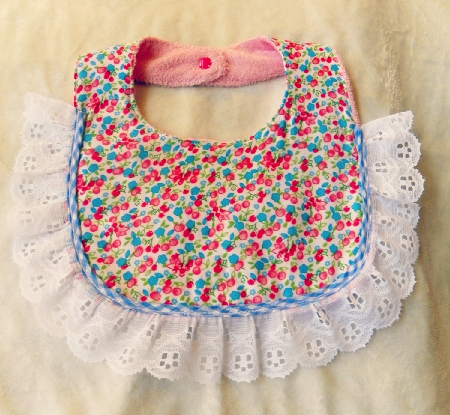 Handmade custom boutique bib for baby girl white pink blue
