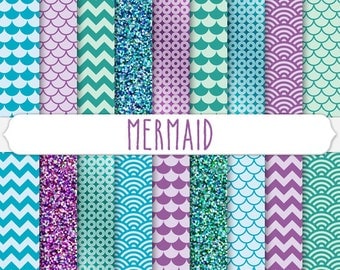 Digital Paper: mermaid digital paper, purple and aqua mermaid glitter, scallop, fish scale, teal mermaid clipart, blue mermaid party design