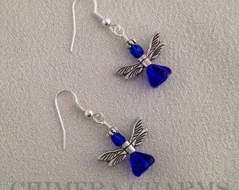 Christmas Angel Earrings in Silver with Cobalt Blue Czech Glass Beads