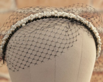 Birdcage veil headband, pearl beads headband-----v212