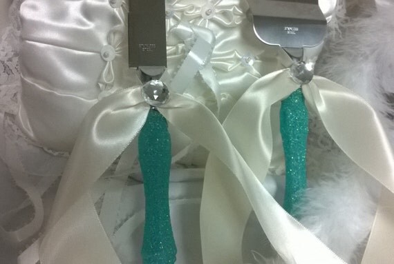  Wedding  cake  server set  Cake  cutting  set  Light blue Bling 