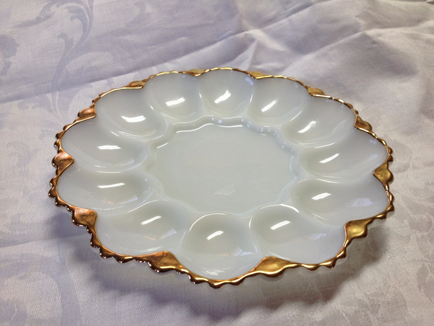 Milk Glass and Gold Rimmed deviled Egg Plate by OstrichandPeacock