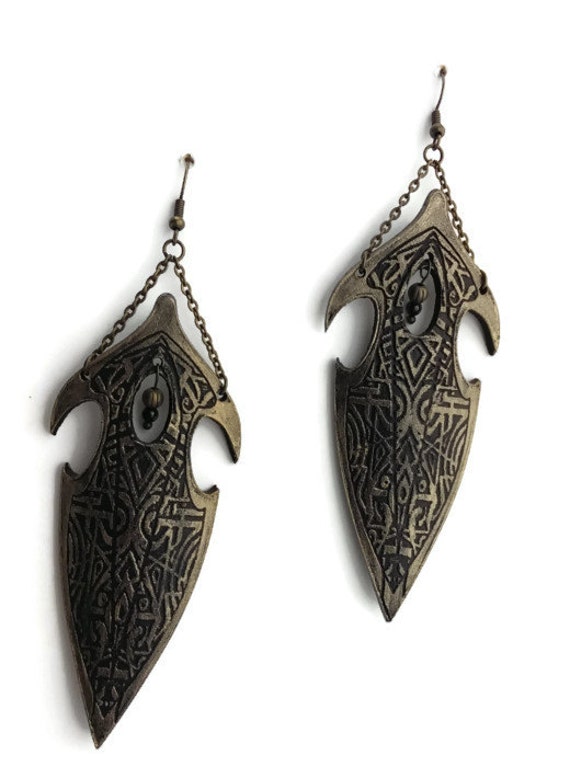 Long Elegant Shield Earrings Leather Earrings Golden