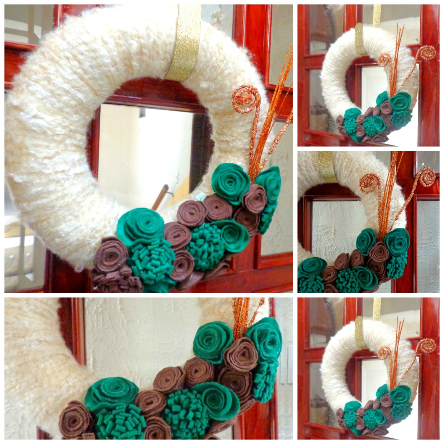 ChristmasWreath-13 inch-Ivory Yarn Wrapped Wreath with Green and Brown Felt Flowers with Copper curls accent/Christmas Wreath