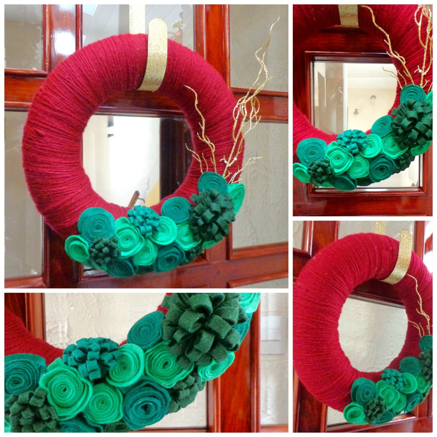 Christmas Wreath - 13 inch - Red Yarn Wrapped Wreath with Green Felt Flowers with golden sticks acccent. Wreath