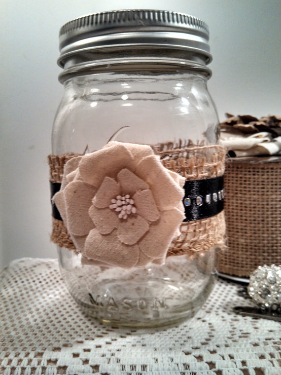 Mason jar pint decorated fabric flower black by MitchiesGalleria