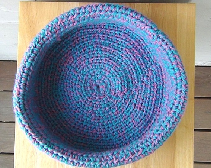 Cotton Candy Blue and Pink Crocheted Basket - 9 inch diameter Rolled Brim Basket