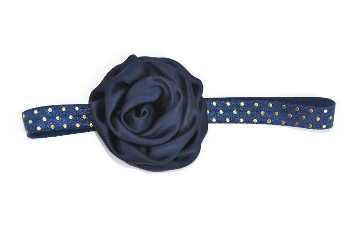 939 New baby headband navy 266 Baby Headband Navy Blue & Gold Polka Dots Flower by DivineLilDivas 