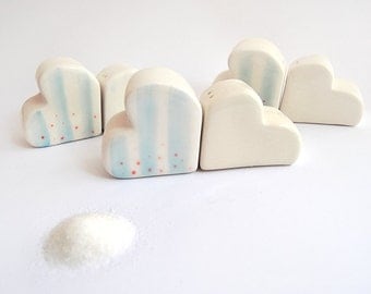 Ceramic Salt and Pepper Shakers, Cloud and Heart Shaped, Decorated with Blue Stripes and Red Polka Dots. Ready To Ship