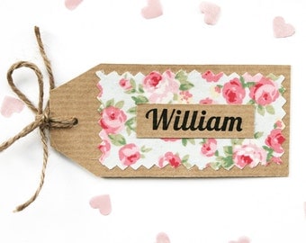 Rustic Shabby Chic, Ribbed Kraft Floral Fabric Wedding Place Card Tag