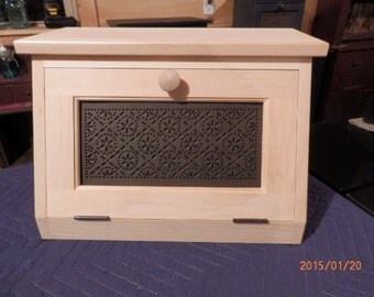 UNFINISHED Punched tin Bread Box with shelf,This listing is for a unfinished bread box,Sanded smooth and ready to be finished