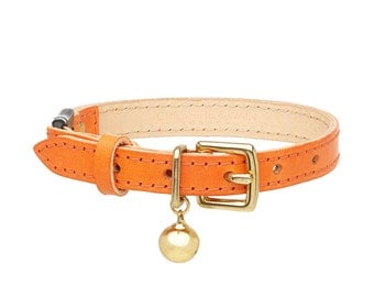 Orange Leather Cat Collar with Breakaway Buckle