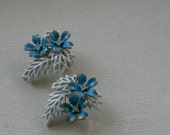 Signed Vintage Crown Trifari White enamel Blue Flowers  Clip on earrings 1940s Gold Rhinestone Cornflower