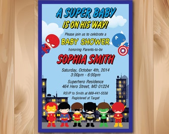Superhero Baby Shower Invitation. Super hero Baby Shower Invite. Super baby boy or girl. Superheroes. Printable Digial file. Custom.