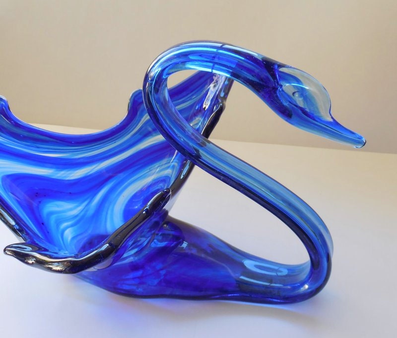 Blue Sooner Swan Hand Blown Glass Bowl or Vase Cobalt