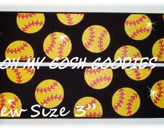 GLITTER YELLOW SOFTBALL Black grosgrain ribbon - 3" - 5 Yards - Oh My Gosh Goodies Ribbon