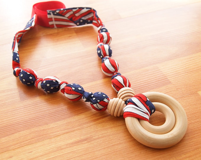 Breastfeeding Nursing Necklace, Teething Necklace, Fabric Necklace, Mother's Day Gift - Double Ring - Stars and Stripes