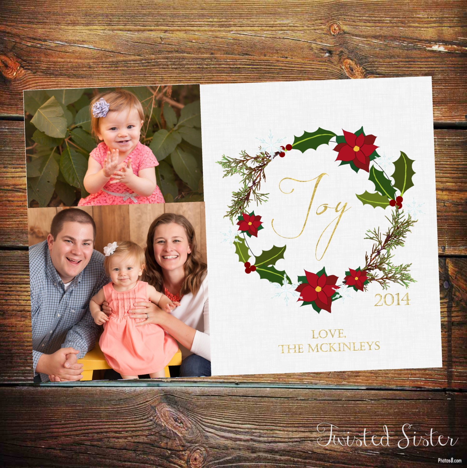 Christmas Card, Photo Christmas Card, Simple Wreath, Elegant Wreath, Poinsettia Christmas Wreath, Family Photo Christmas Card, Joy Gold Foil