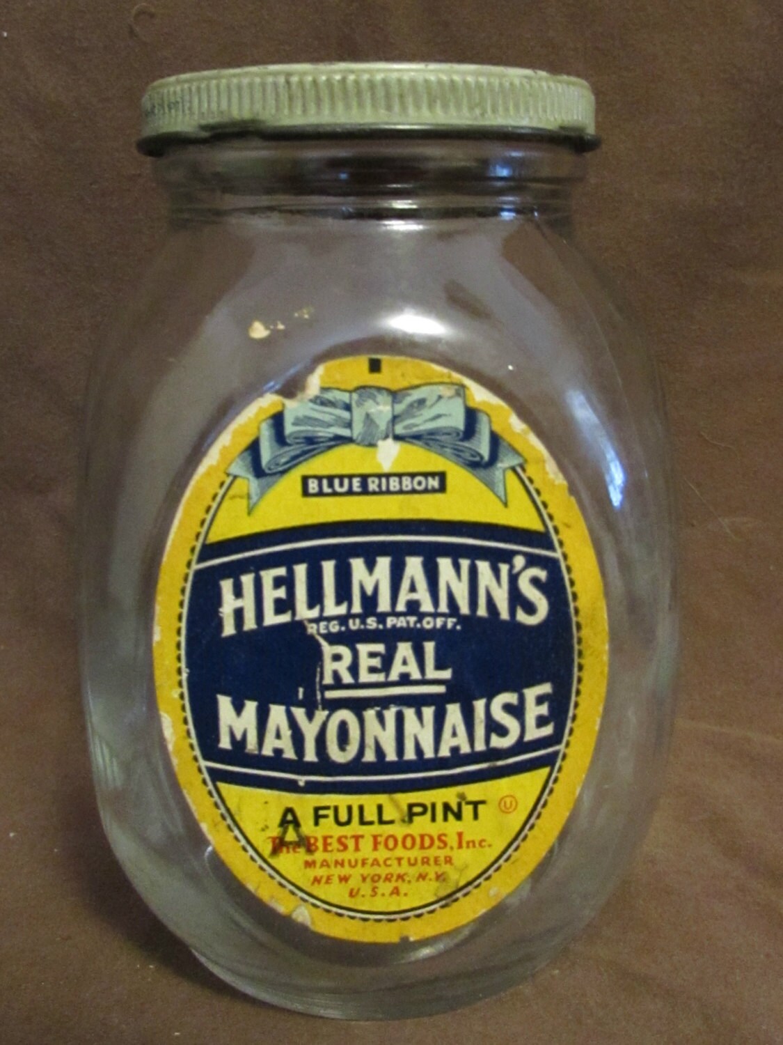 Download Hellmann's Real Mayonaise Jar With Lid 1 Pint Vintage Yellowimages Mockups