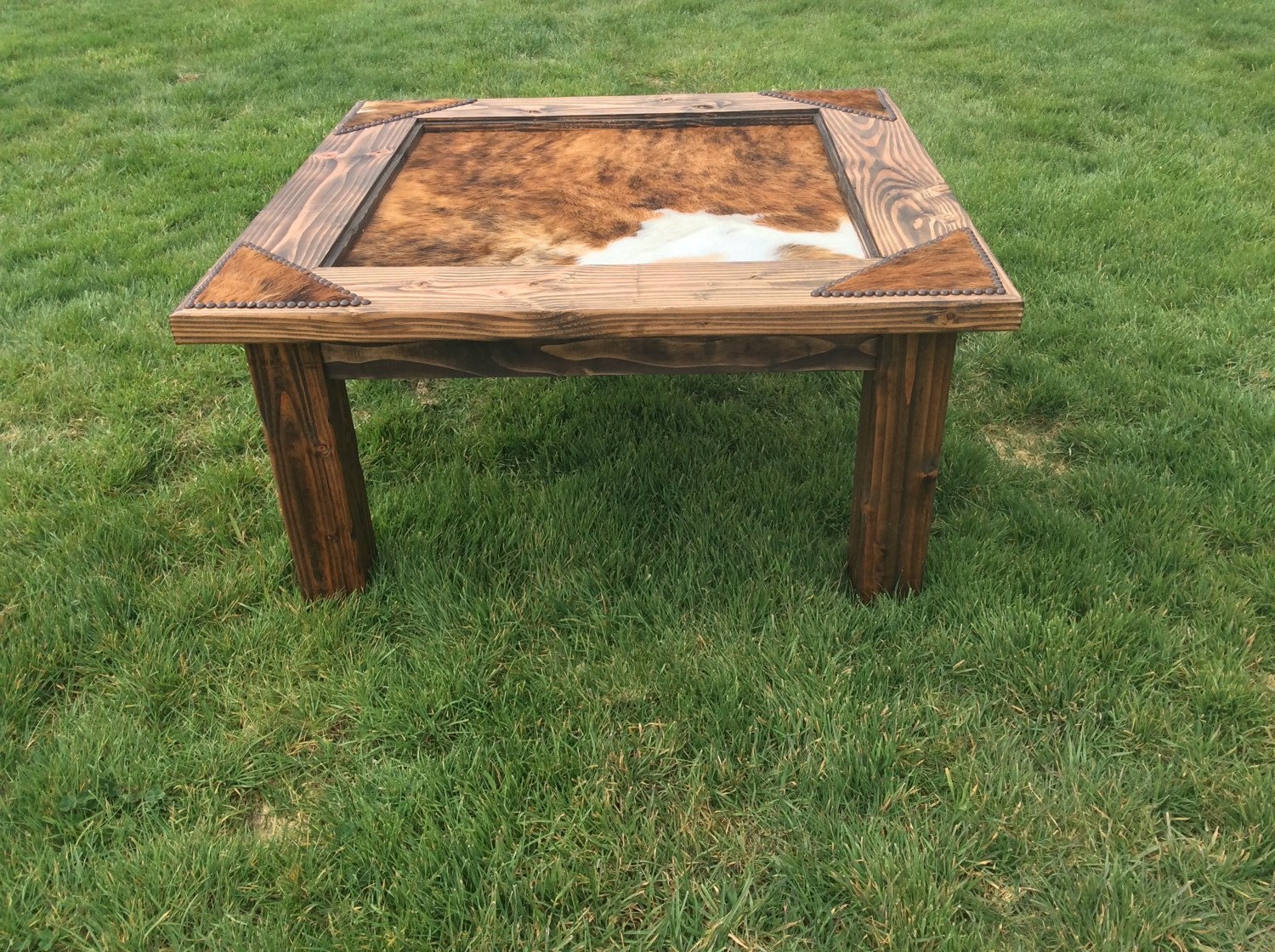 GlassTop Coffee Table with cowhide & by WesternDesignsByTim