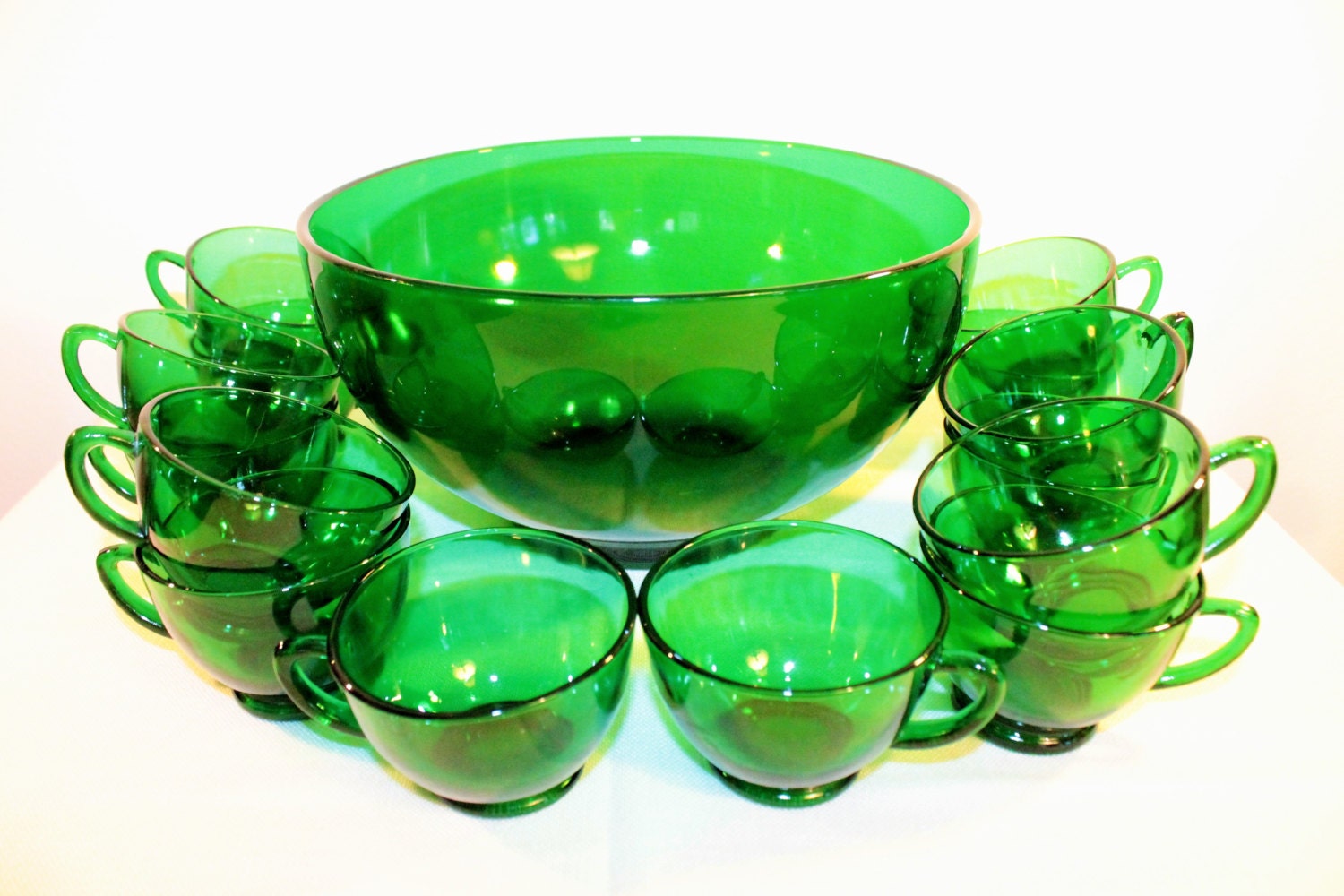 Anchor Hocking Forest Green Punch Bowl and 14 Cups 1950’s Haute Juice