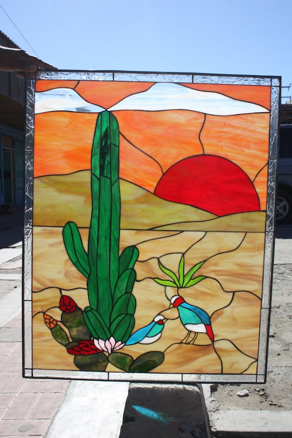 Cactus & desert quail Style Stained Glass Panel by