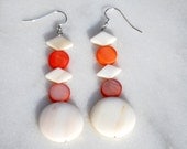 Handmade White Shell, White and coral mother of pearl & sterling silver earrings. Mother of Pearl earrings, shell earrings, sterling earring