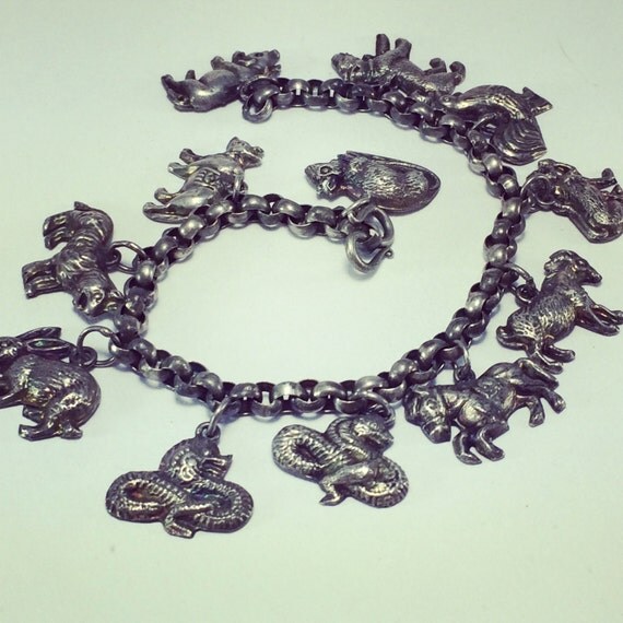 Vintage Zodiac Bracelet / Silver Charm Bracelet