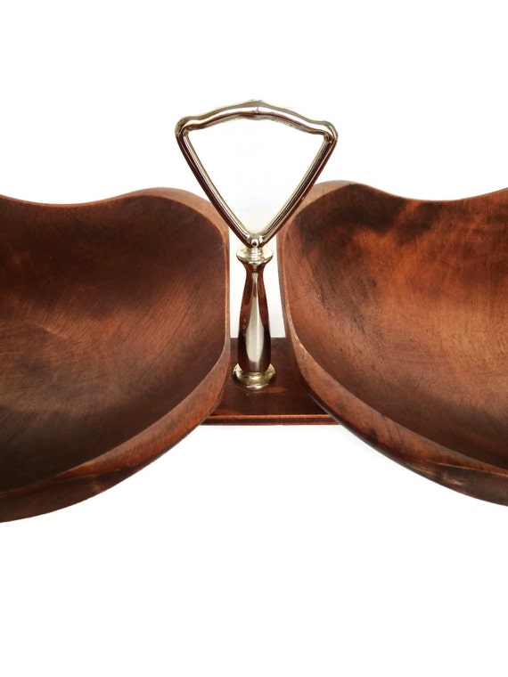 Vintage wood nut tray double dish snack caddy mid century