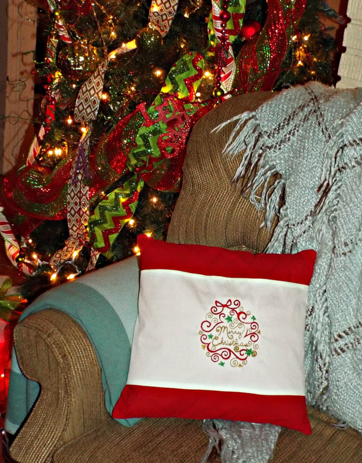 Burlap Christmas pillow wrap with a festive Merry Christmas wreath. Fits your pillows then easily folds and stores away for next year