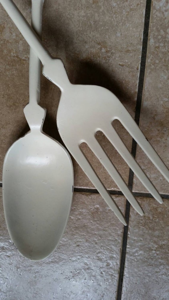 Vintage Over Sized Metal Fork Spoon Wall Decor Creamy White