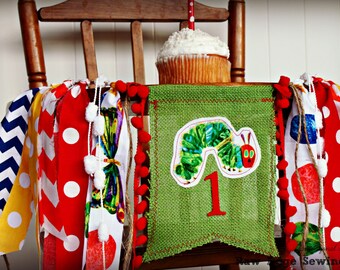 The Very Hungry CATERPILLAR Birthday High Chair Highchair Banner Party Photo Prop Backdrop Cake Smash One Garland First Fabric Rainbow
