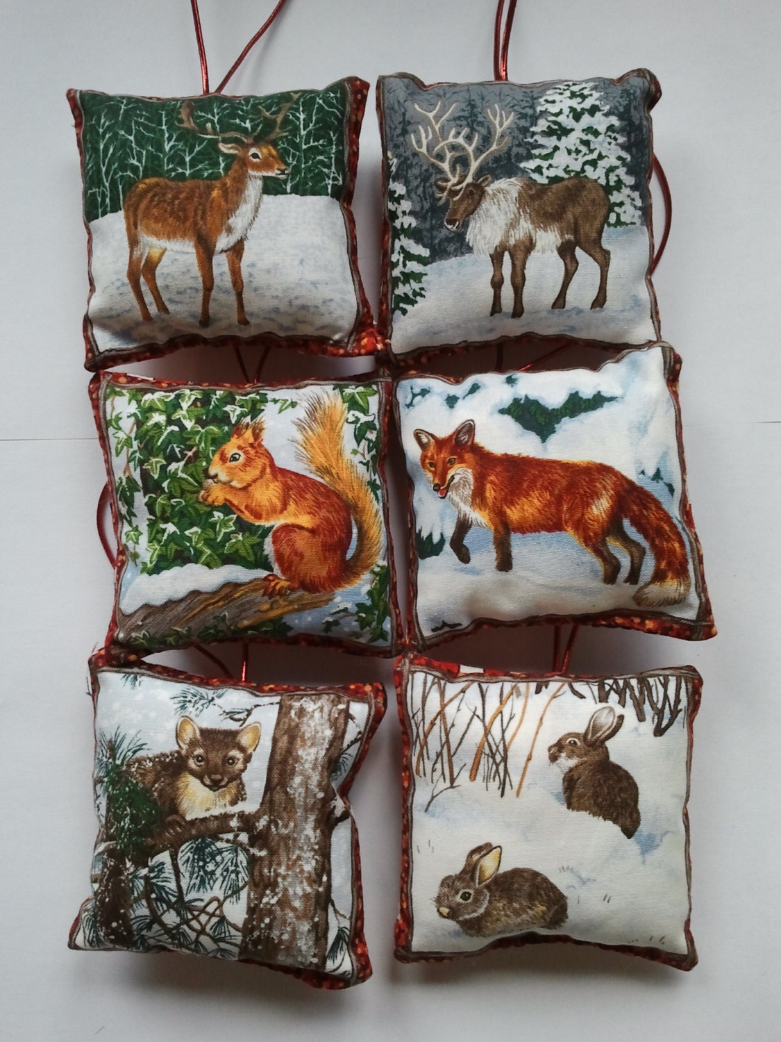 6 Winter wildlife animal design Fabric square Christmas tree hanging decorations, deer, fox, rabbits, squirrel, pine martin, Reindeer