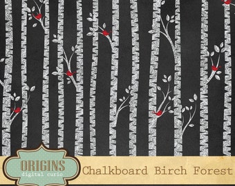 Chalkboard Birch Tree Forest Clip Art, Red Bird Silhouettes - birch tree silhouette PNG Clipart Set Commercial Use instant download