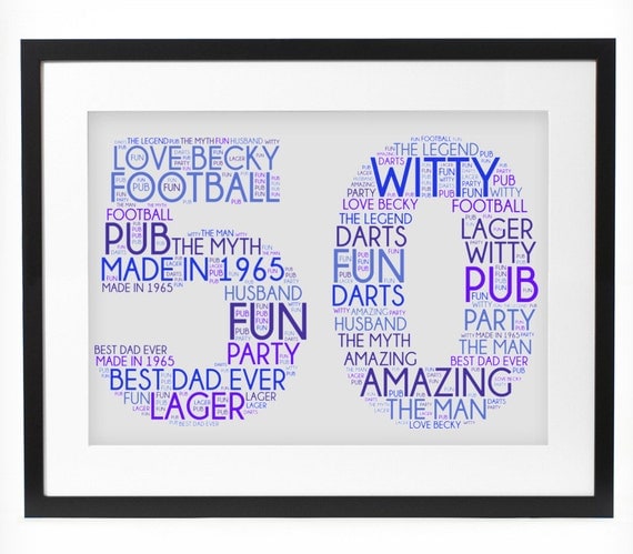 Personalised 50th Birthday Word Art Print A4 Size By RMFWordart